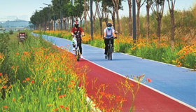 低碳绿色健康运动7月9日，市民在忻州云中河景区自行车专用道骑行，享受低碳绿色健康运动带来的轻松愉悦。